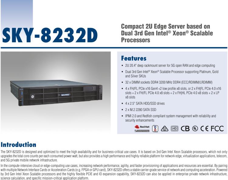 研华SKY-8232D Compact 2U Edge Server based on Dual 3rd Gen Intel® Xeon® Scalable Processors