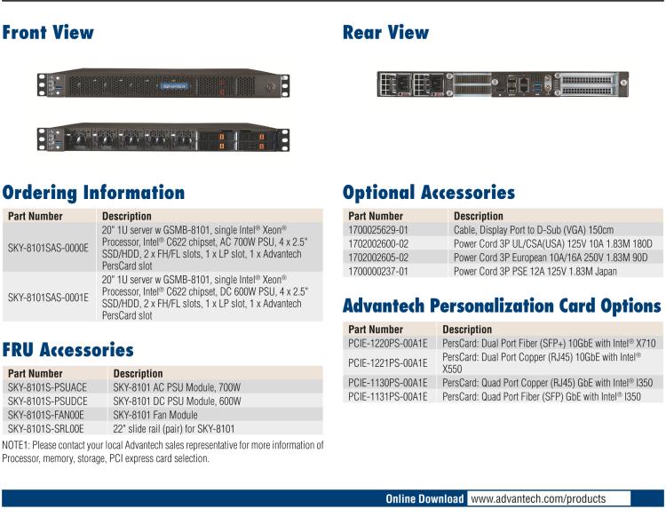 研华SKY-8101 紧凑型1U高性能服务器 基于Intel Xeon®处理器可扩展系列