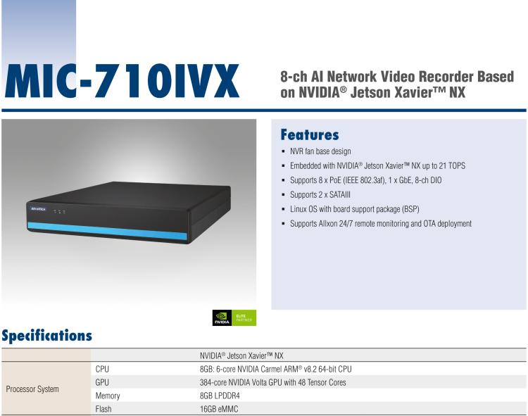 研华MIC-710IVX 基于 NVIDIA® Jetson™ Xavier NX 8ch AI 系统