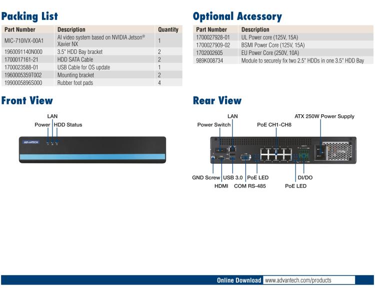 研华MIC-710IVX 基于 NVIDIA® Jetson™ Xavier NX 8ch AI 系统