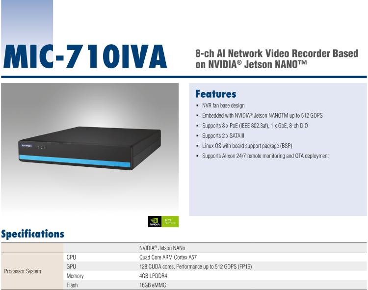 研华MIC-710IVA 基于 NVIDIA® Jetson Nano™平台8ch AI网络视频记录器