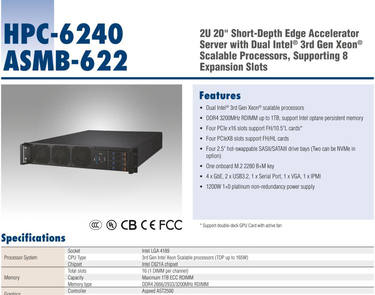 研华HPC-6240+ASMB-622 2U 20” short-depth Edge Accelerator Server with Dual Intel® 3rd Gen Xeon® Scalable processors, supporting 8 expansion slots