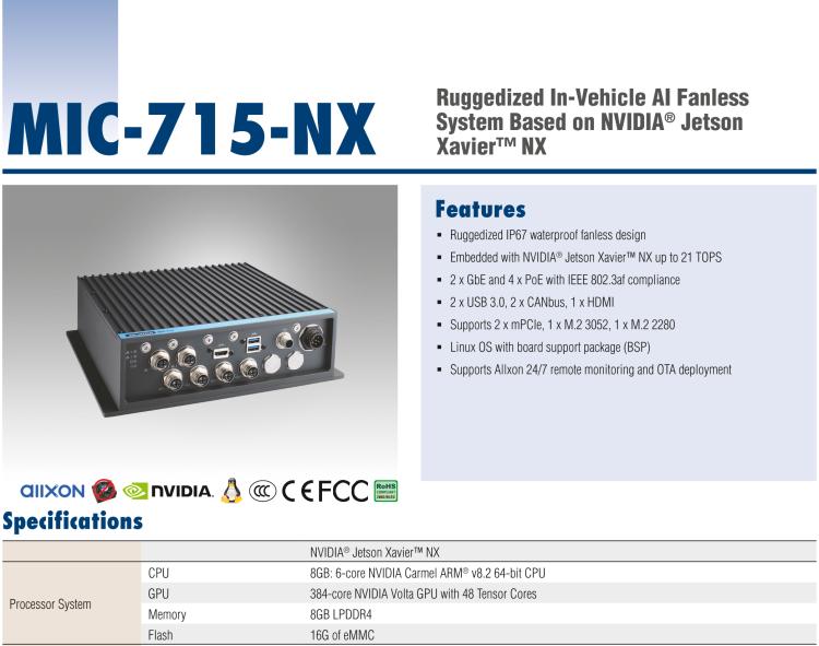 研华MIC-715 加固型AI 推理平台，基于英伟达Jetson™ Xavier NX，IP67防护等级