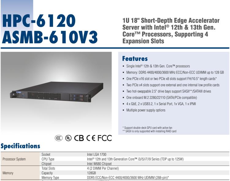 研华HPC-6120+ASMB-610V3 1U 18" Short-Depth Edge Accelerator Server with Intel® 12th & 13th Gen. Core™ Processors, Supporting 4 Expansion Slots
