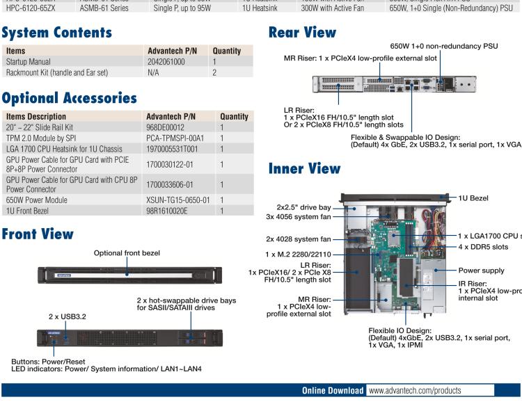 研华HPC-6120+ASMB-610V3 1U 18" Short-Depth Edge Accelerator Server with Intel® 12th & 13th Gen. Core™ Processors, Supporting 4 Expansion Slots