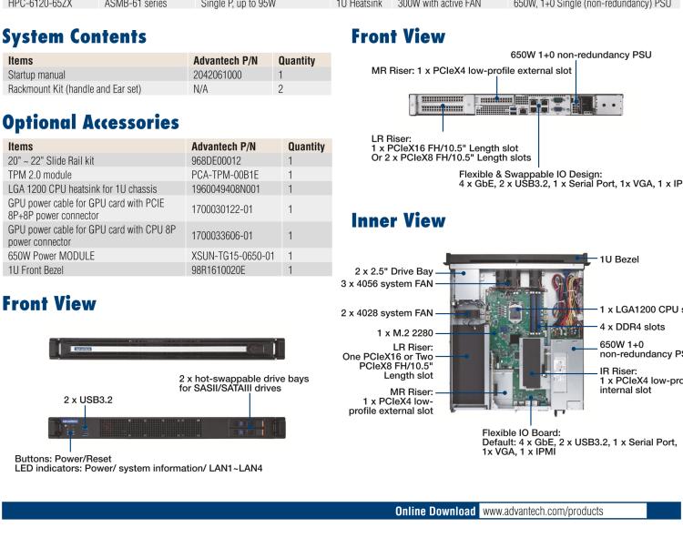 研华HPC-6120+ASMB-610 1U 18" short-depth Edge Accelerator Server with Intel® Xeon® W & 10th Gen. Core™ processors, supporting 4 expansion slots
