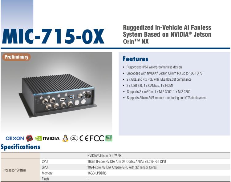 研华MIC-715-OX Ruggedized In-Vehicle AI Fanless System Based on NVIDIA® Jetson Orin™ NX