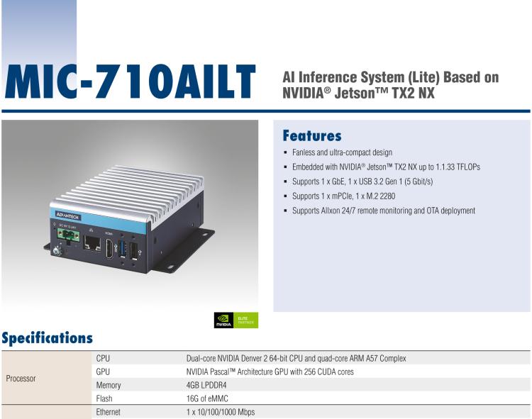 研华MIC-710AILT AI System (Lite) Based on NVIDIA® Jetson™ TX2 NX