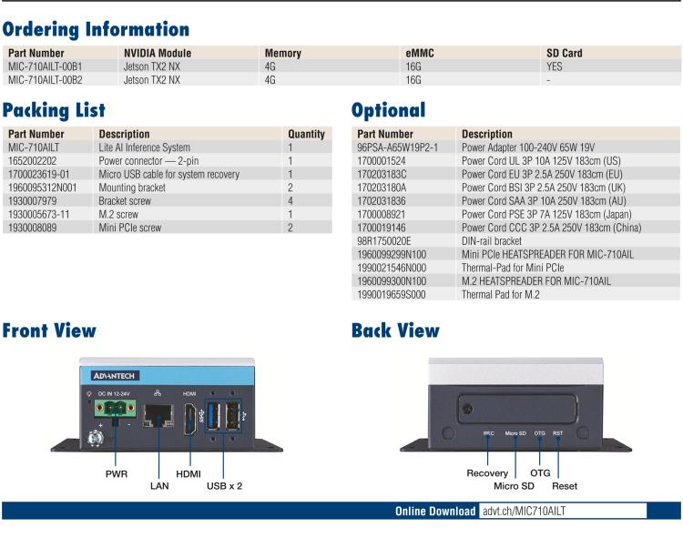 研华MIC-710AILT AI System (Lite) Based on NVIDIA® Jetson™ TX2 NX