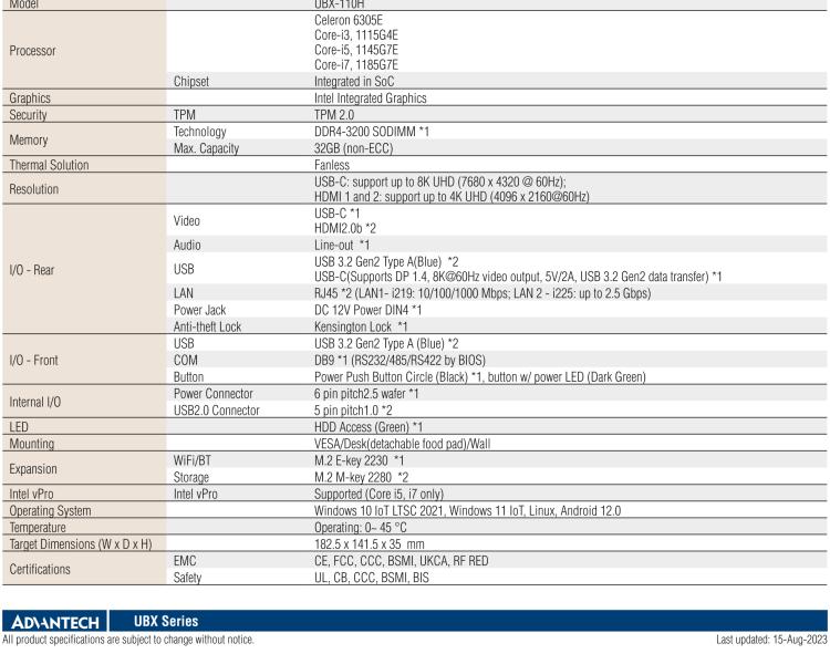 研华UBX-110 研华 UBX-110 是一台工业级微型计算机，适用于办公室、零售应用等。内置 Intel Tiger Lake 系列处理器提升系统性能和工作效率。