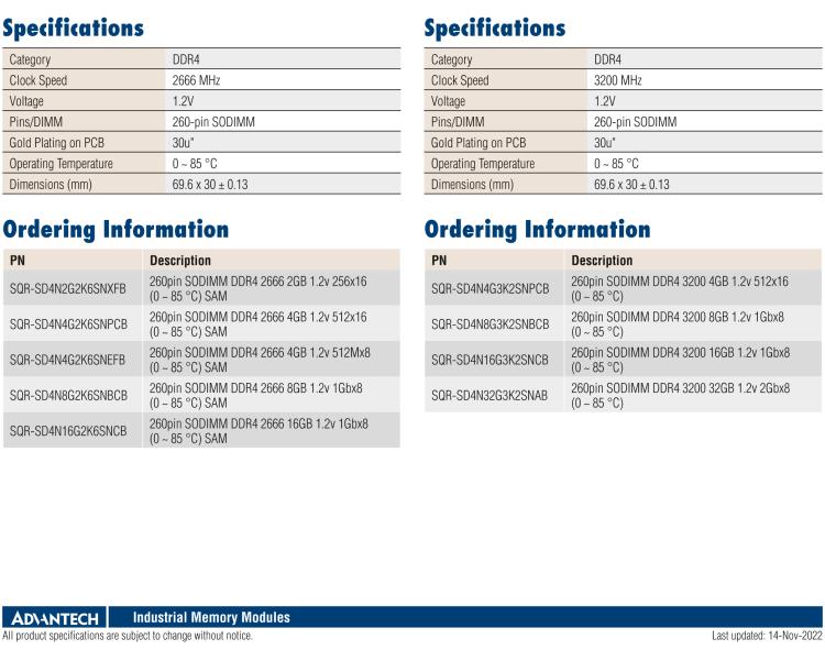 研华SQR-SD4N SODIMM DRAM 内存 DDR4 系列