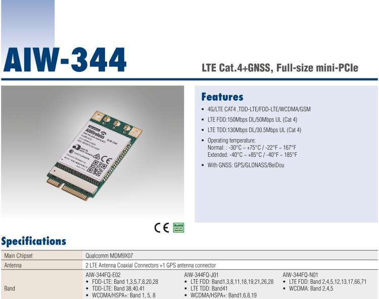 研华AIW-344 4G LTE CAT4：TDD LTE/FDD LTE/WCDMA/GSM和GPS。