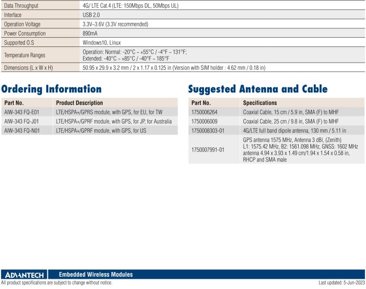 研华AIW-343 4G模组，使用MINI-PCIE规范接口，支持4G LTE CAT4：TDD LTE/FDD LTE/WCDMA/GSM和GPS。