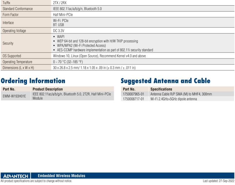 研华EWM-W193 IEEE 802.11ac + 蓝牙5.0 Half Mini-PCIe模块