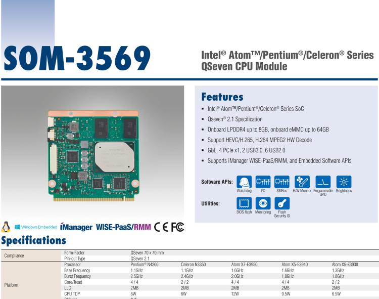 研华SOM-3569 Intel® Atom™/Pentium®/Celeron® N4200系列 QSeven CPU 模块