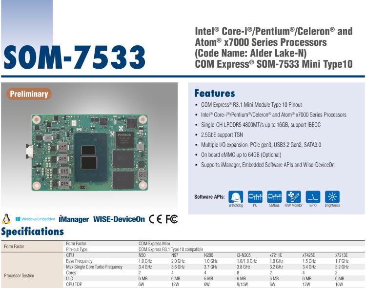 研华SOM-7533 Intel Core-I/Pentium/Celeron和Atom x7000系列处理器（Alder Lake-N）COM Express Mini Type 10模块