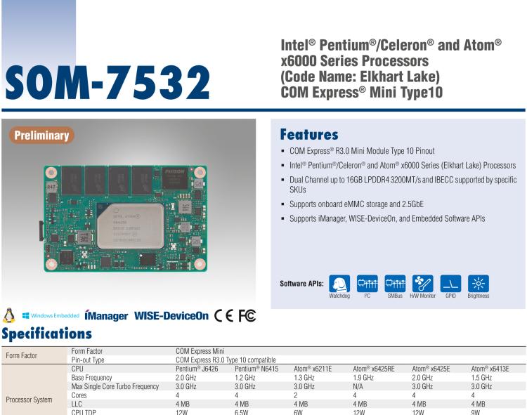 研华SOM-7532 Intel Pentium/Celeron 和 Atom x6000 系列 (Elkhart Lake) 处理器， COM Express Mini Type 10 模块