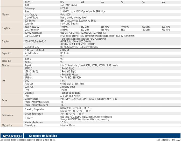 研华SOM-7532 Intel Pentium/Celeron 和 Atom x6000 系列 (Elkhart Lake) 处理器， COM Express Mini Type 10 模块