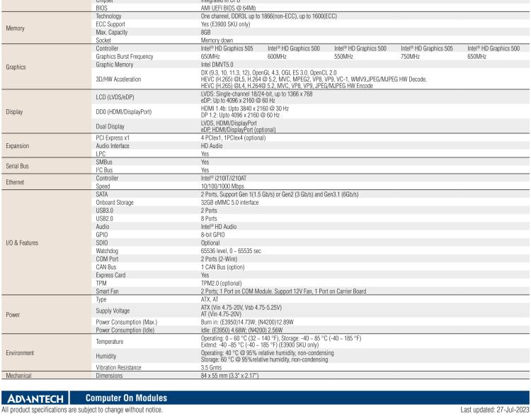 研华SOM-7569 Intel® Atom™ E3900 & Pentium™ 和 Celeron™ N 系列处理器，COM-Express Mini 模块