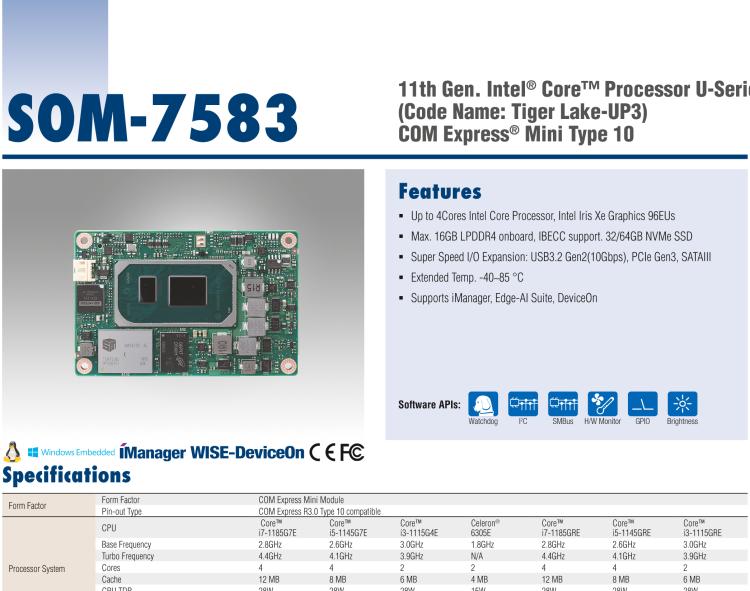 研华SOM-7583 第十一代 Intel® Core U系列处理器，COM Express Mini Type 10 模块