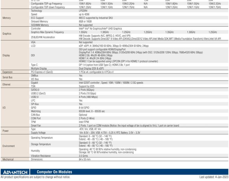 研华SOM-7583 第十一代 Intel® Core U系列处理器，COM Express Mini Type 10 模块