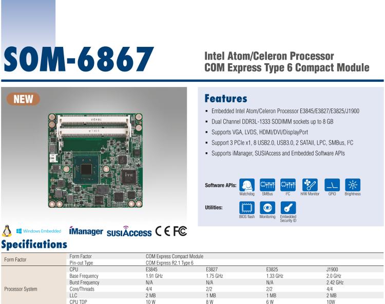 研华SOM-6867 Intel® Atom™/Celeron® 处理器 COM Express Type 6 Compact 模块