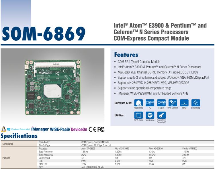 研华SOM-6869 Intel® Pentium® N4200, Celeron®N3350, 和Atom® E3900系列COMExpress Compact模块Type 6