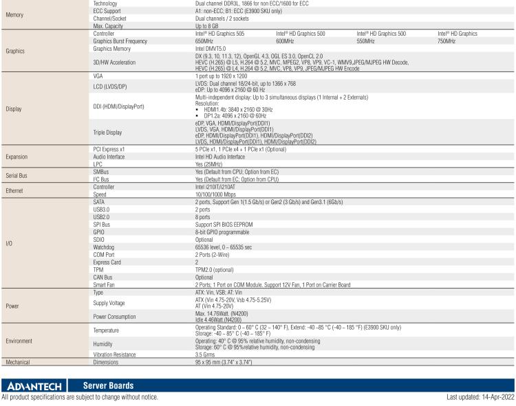 研华SOM-6869 Intel® Pentium® N4200, Celeron®N3350, 和Atom® E3900系列COMExpress Compact模块Type 6