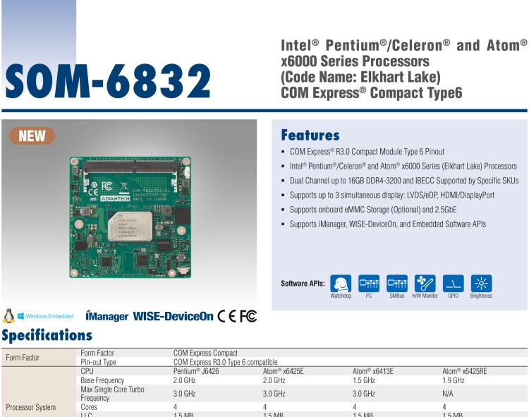 研华SOM-6832 Intel Pentium/Celeron 及 Atom x6000系列（Elkhart Lake）处理器，COM Express® Compact Type 6 模块