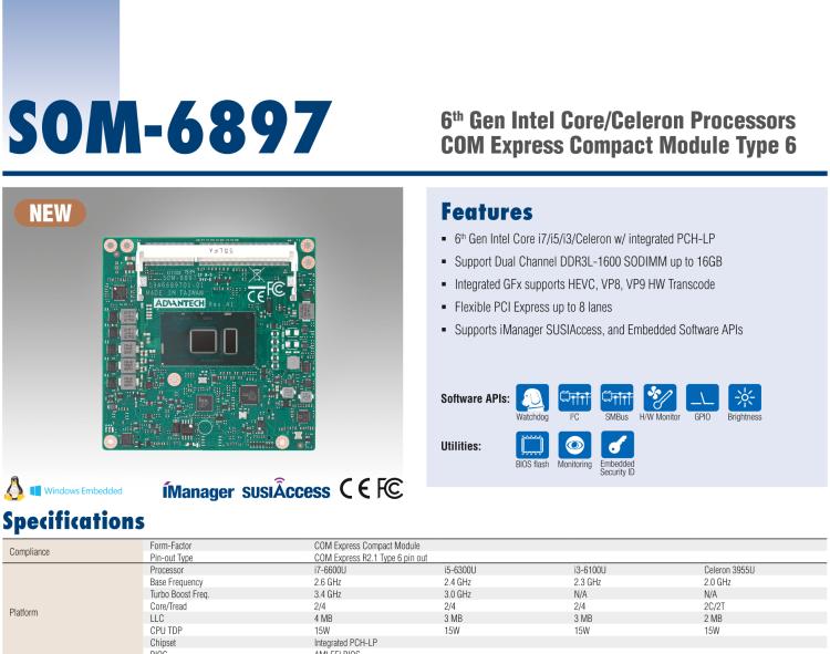 研华SOM-6897 第六代 Intel Core/Celeron 处理器COM Express Compact Module Type 6