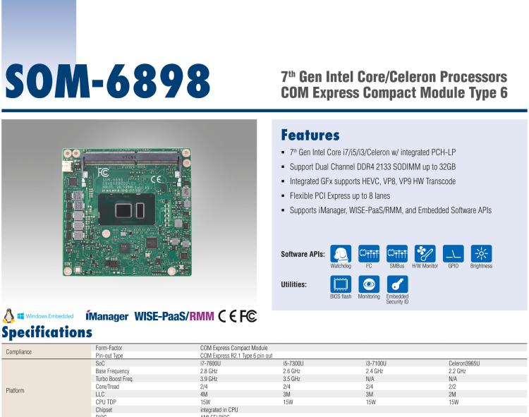 研华SOM-6898 第七代Intel Core/Celeron处理器 COM Express Compact模块Type 6