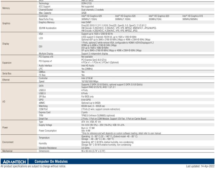 研华SOM-6898 第七代Intel Core/Celeron处理器 COM Express Compact模块Type 6