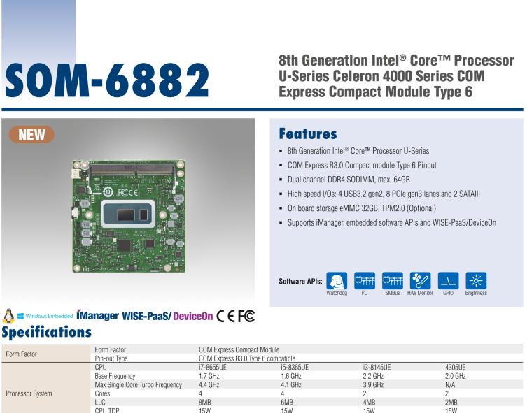 研华SOM-6882 第八代 Intel®Core 处理器，COM Express Compact R3.0 Type 6 模块