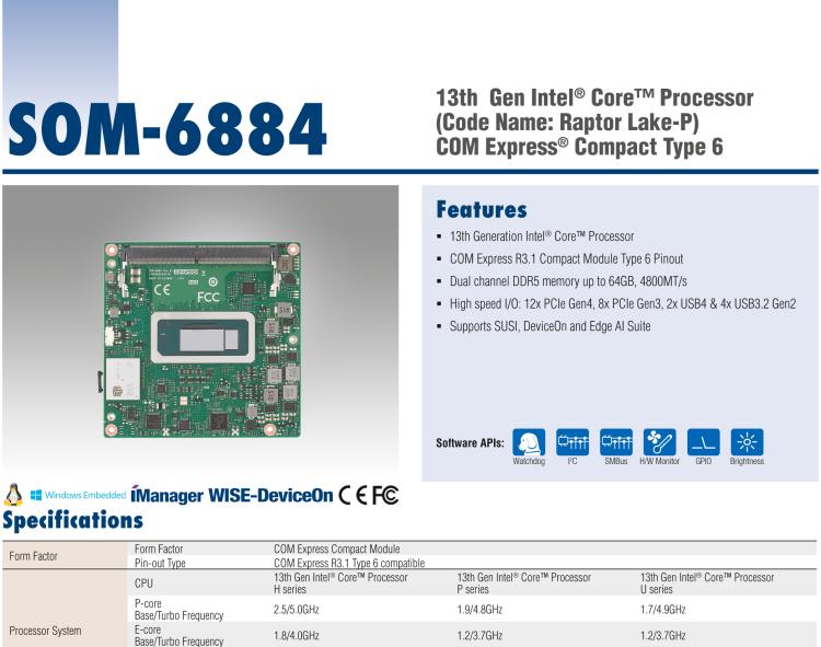 研华SOM-6884 第13代 Intel Core 处理器（代号：Raptor Lake-P）COM Express® Compact Type6