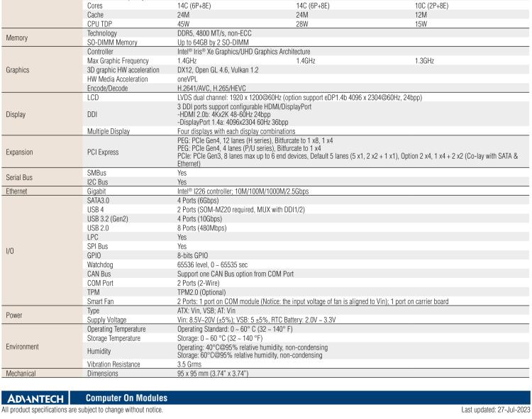 研华SOM-6884 第13代 Intel Core 处理器（代号：Raptor Lake-P）COM Express® Compact Type6