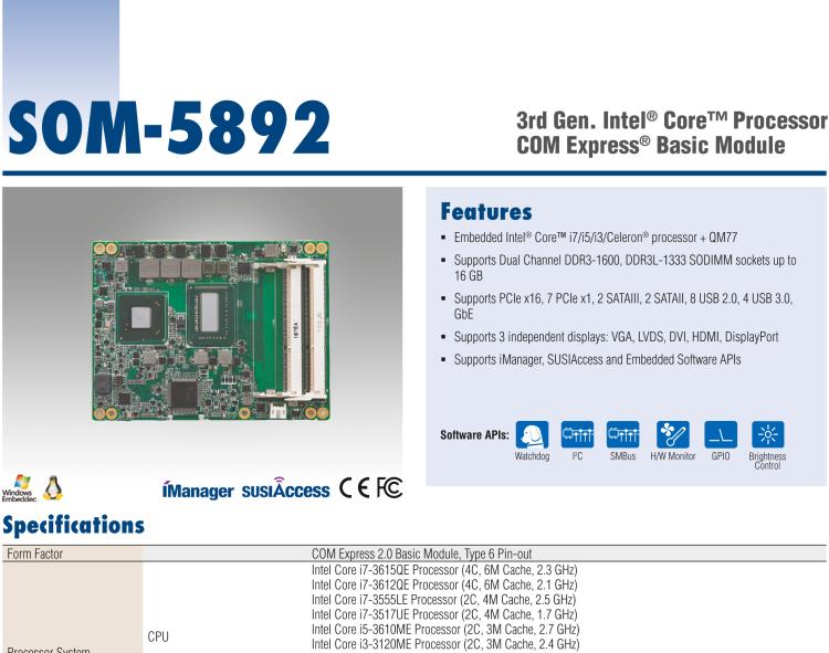 研华SOM-5892 Intel® Core™ i7/i5/i3 处理器COM-Express Basic模块