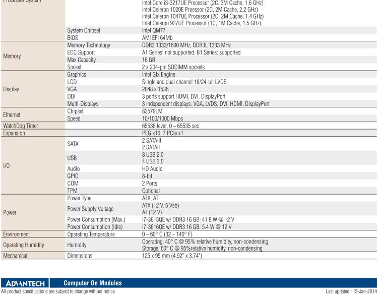 研华SOM-5892 Intel® Core™ i7/i5/i3 处理器COM-Express Basic模块