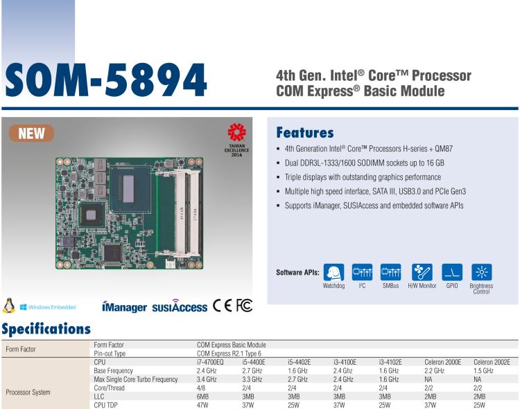 研华SOM-5894 第三代 Intel® Core™处理器， COM Express® Basic 模块