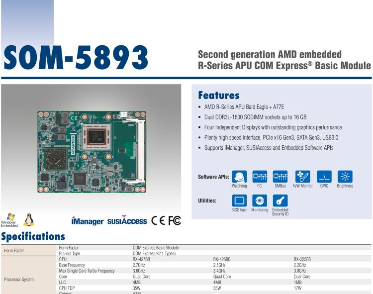 研华SOM-5893 第二代 AMD 嵌入式 R系列APU，COM Express Basic 模块
