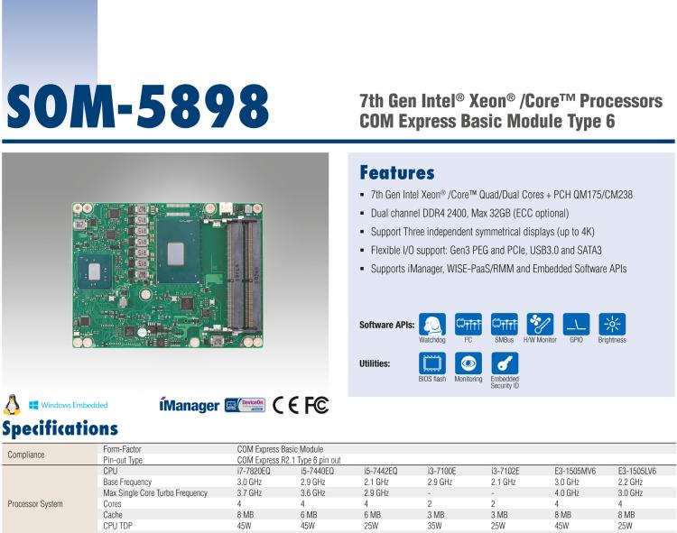研华SOM-5898 第七代Intel Core/Celeron处理器，COM Express Basic Type 6模块