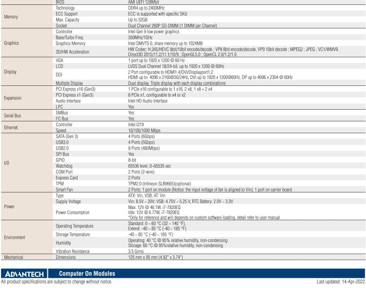 研华SOM-5898 第七代Intel Core/Celeron处理器，COM Express Basic Type 6模块