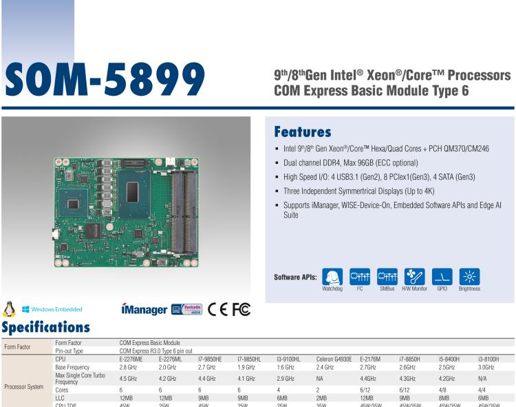 研华SOM-5899 第八代Intel Xeon/Core 处理器， COM Express Basic Type 6 模块