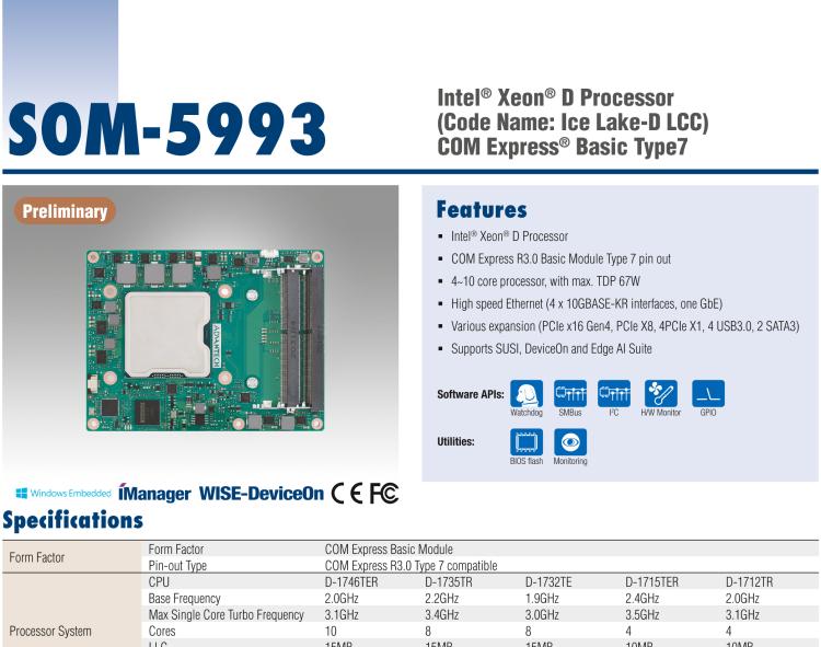研华SOM-5993 Intel® Xeon® D-1700 处理器 (代号: Ice Lake-D LCC) COM Express® Basic Type7
