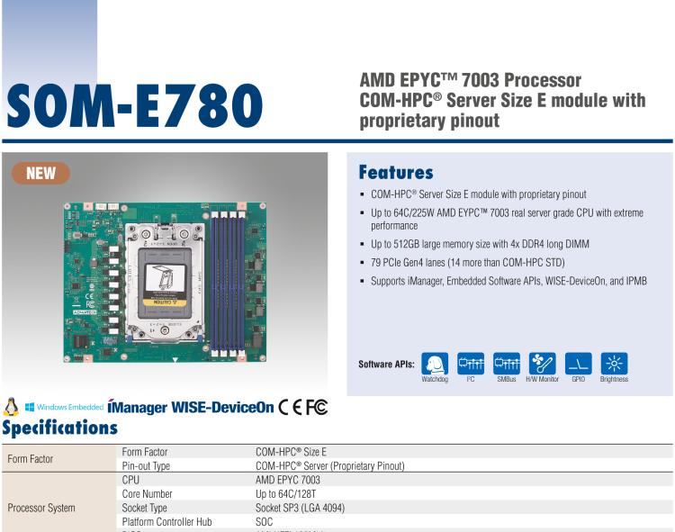 研华SOM-E780 AMD EPYC™ 7003 COM-HPC® Server Size E 模块，具有专有引脚