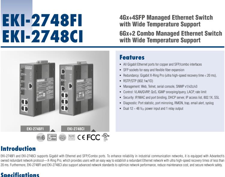 研华EKI-2748FI 4G+4G SFP 端口宽温网管型工业以太网交换机