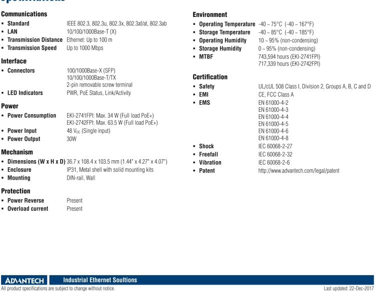 研华EKI-2741FPI 1GE PoE, SFP Injector ,IEEE802.3af/at, 48VDC, -40~75℃