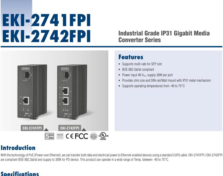 研华EKI-2742FPI 2GE PoE, SFP Injector ,IEEE802.3af/at, 48VDC, -40~75℃