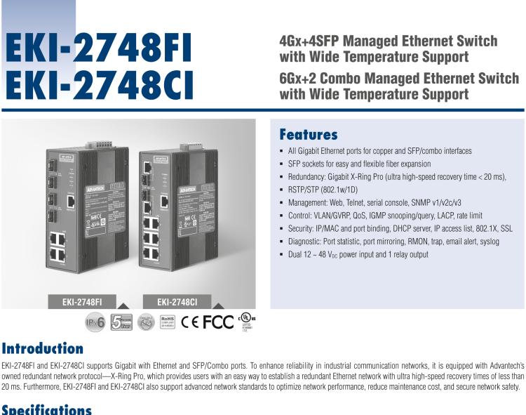 研华EKI-2748CI 6G+2G Combo 端口宽温网管型工业以太网交换机