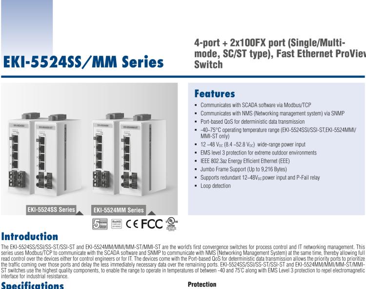 研华EKI-5524SSI 2光4电百兆ProView(组态)系列工业以太网交换机(包含单模/多模、SC/ST接口)