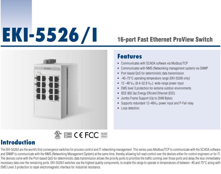 研华EKI-5526I 16百兆端口ProView(组态)系列工业以太网交换机